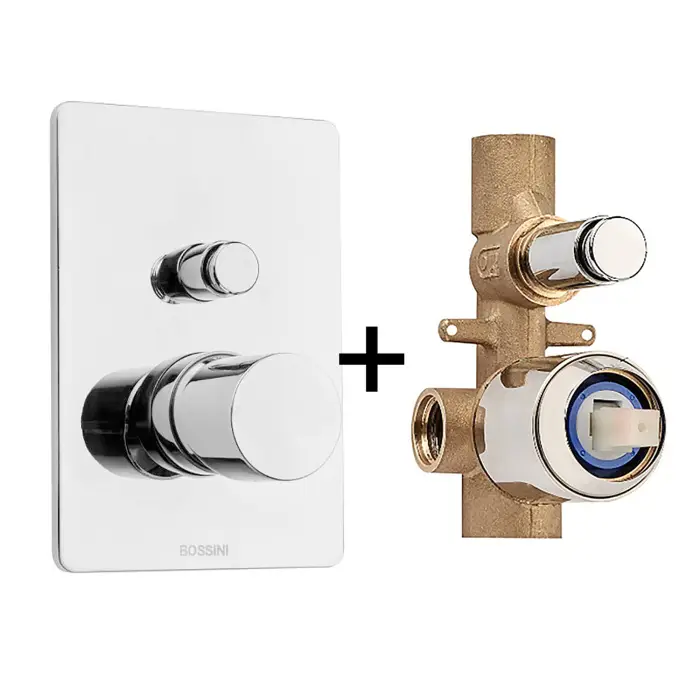 Комплект Bossini CUBE Смеситель для душа, встраиваемый, 2 выхода, внешняя часть, хром + Встраиваемая часть смесителя с девиатором 2 направления (Z00006.030+Z00005) 