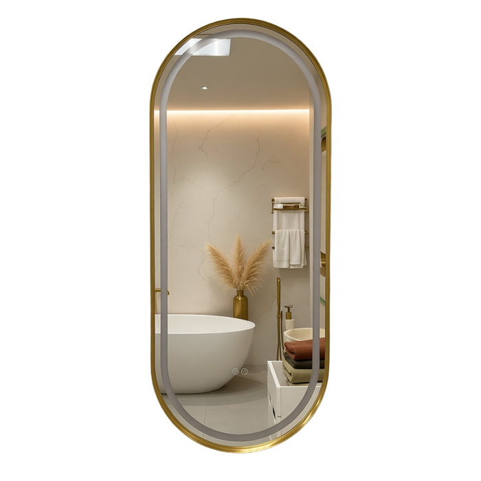 Зеркало Azario Блейк 500х1200х50, овальное, с подсветкой и диммером, 3 режима, сенсорный выключатель, с подогревом, золото матовое (АZ-LED011625)