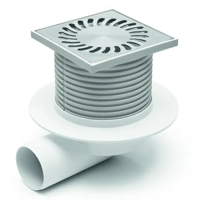 Душевой трап AZARIO DN50 12,2х12,2см, пластиковый, горизонтальный слив, универсальный, решетка из нержавеющей стали (AZ-425 X L)