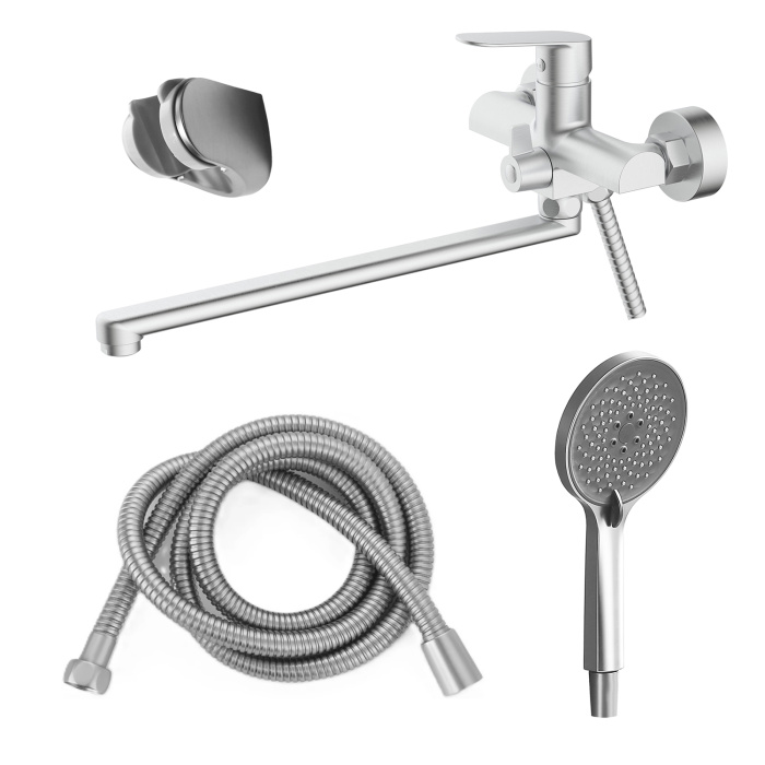 Смеситель для ванны Azario Alanti керамический картридж, длинный излив, с ручным душем, шланг 150 см, сатин (AZ-K1732BN)