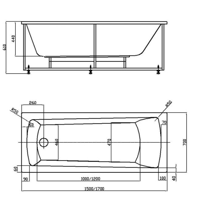 ENRICA Ванна акриловая прямоугольная 150х70 см СХЕМА