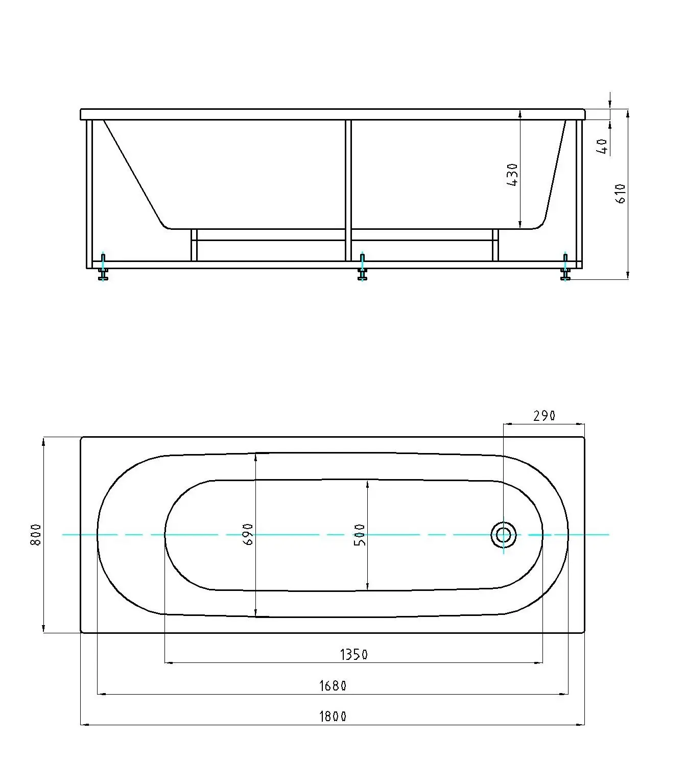 FELISA Ванна акриловая прямоугольная 180х80 см СХЕМА