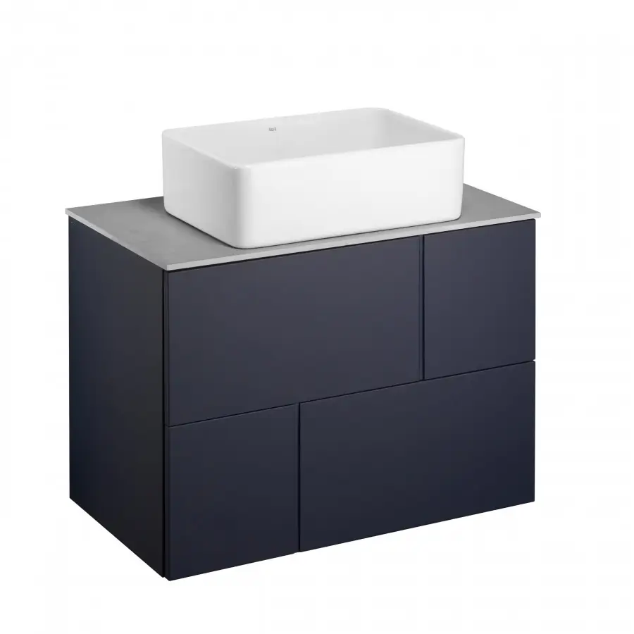 Комплект: Тумба под раковину Roca Pilar 80 подвесная, 2 ящика + Столешница Roca Pilar 80, керамогранит, серая + раковина накладная MILA, синий (Z.RU93.1.044.9)
