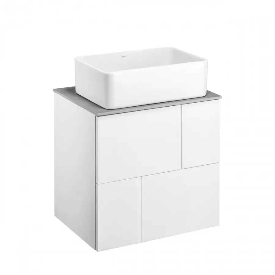 Комплект: Тумба под раковину Roca Pilar 60 подвесная, 2 ящика + Столешница Roca Pilar 60, керамогранит, серая + раковина накладная MILA, белый (Z.RU93.1.045.0)