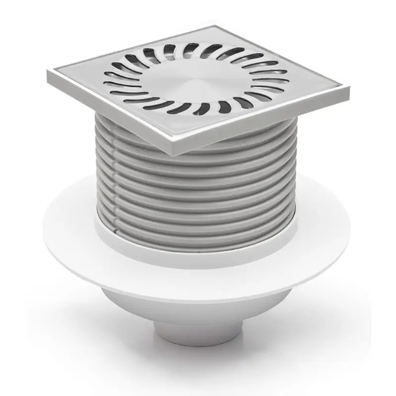 Душевой трап AZARIO DN50 12,2х12,2см, пластиковый, с воротником, вертикальный слив, универсальный, решетка из нержавеющей стали (AZ-420 X L)