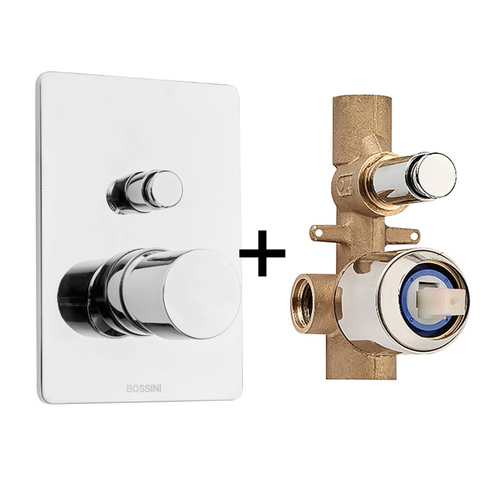 Комплект Bossini CUBE Смеситель для душа, встраиваемый, 2 выхода, внешняя часть, хром + Встраиваемая часть смесителя с девиатором 2 направления (Z00006.030+Z00005) 