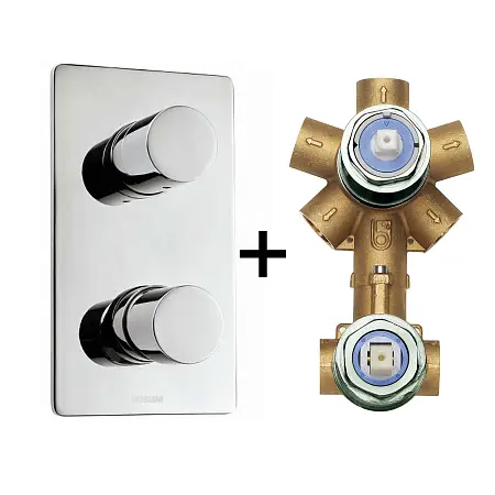 Комплект Bossini CUBE Смеситель для душа, встраиваемый, внешняя часть, хром + Универсальная встроенная часть для механического смесителя на 2-5 источников (Z00004.030+Z00130)