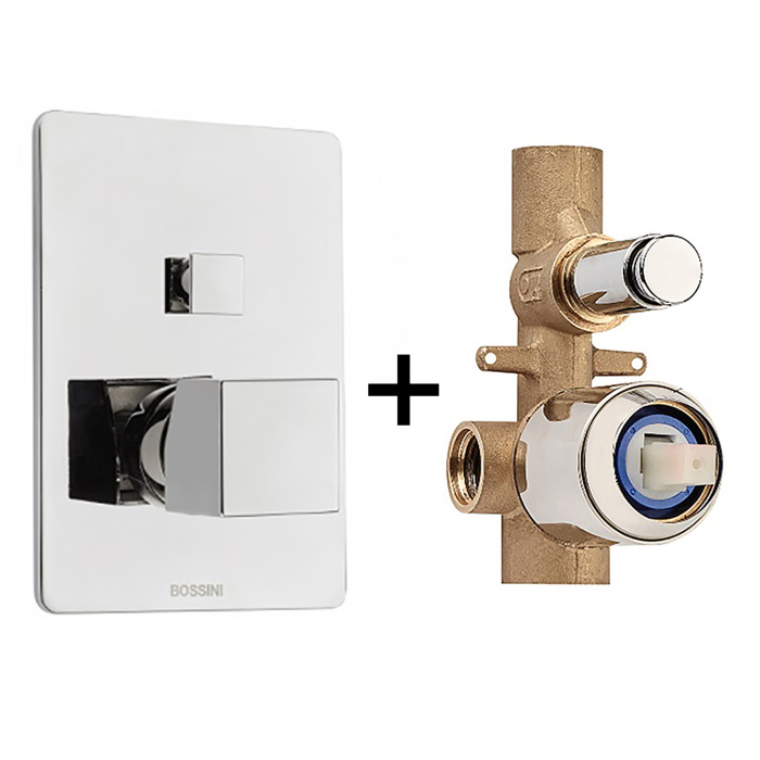 Комплект Bossini CUBE Смеситель для душа, встраиваемый, 2 выхода, внешняя часть, хром + Встраиваемая часть смесителя с девиатором 2 направления (Z00063.030+Z00005) 