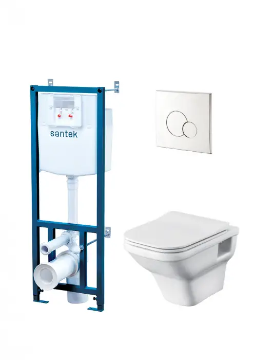 Пэк Santek Лайн подвесная чаша rimless + инсталляция + сиденье Slim, SoftClose + панель смыва хром (1.WH50.1.729)