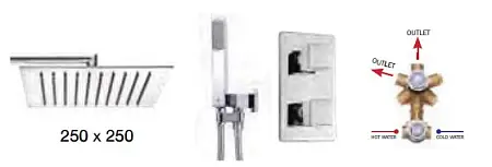 Душевой комплект Bossini COTETIS: смеситель на 2 выхода, верхний душ 250x250 мм, ручной душ CUBE с водорозеткой, шланг 150 см, цвет хром (M00764.030)