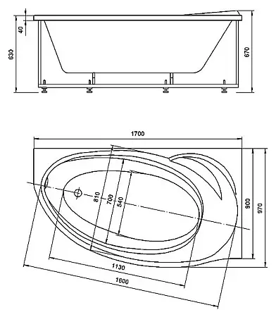 PAOLINA Ванна асимм 170х97 с фронт панелью и монт комп ПРАВАЯ СХЕМА