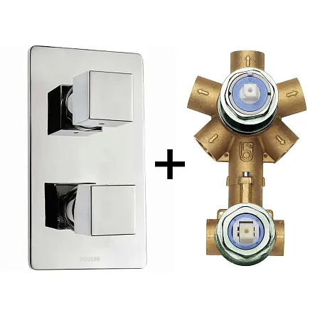 Комплект Bossini CUBE Смеситель для душа, встраиваемый, внешняя часть, хром + Универсальная встроенная часть для механического смесителя на 2-5 источников (Z00062.030+Z00130)