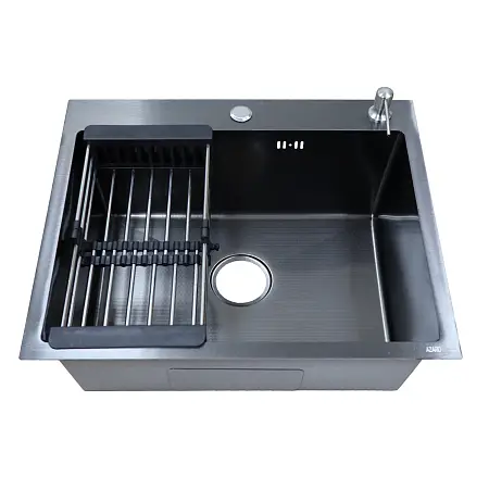 Кухонная мойка AZARIO NICOLE 600х500х220 нержавеющая сталь, в комплекте сифон, диспенсер, коландер, черный соты (AZB6050H)