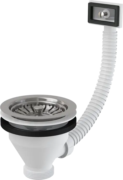 Водослив сифона для мойки Alcadrain 6/4" с нержавеющей решеткой, 115 мм, и гофропереливом (A38)