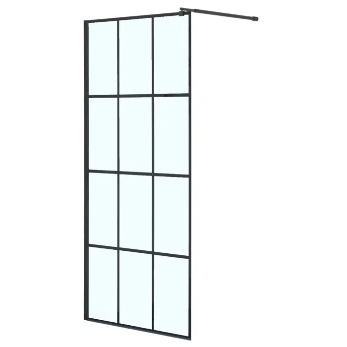 Душевая перегородка Loranto Walk-in 100x200 регулируемый кронштейн 70-100 мм, прозрачное стекло "Лофт клетка" 8 мм, профиль черный матовый (CS-W02B-100)